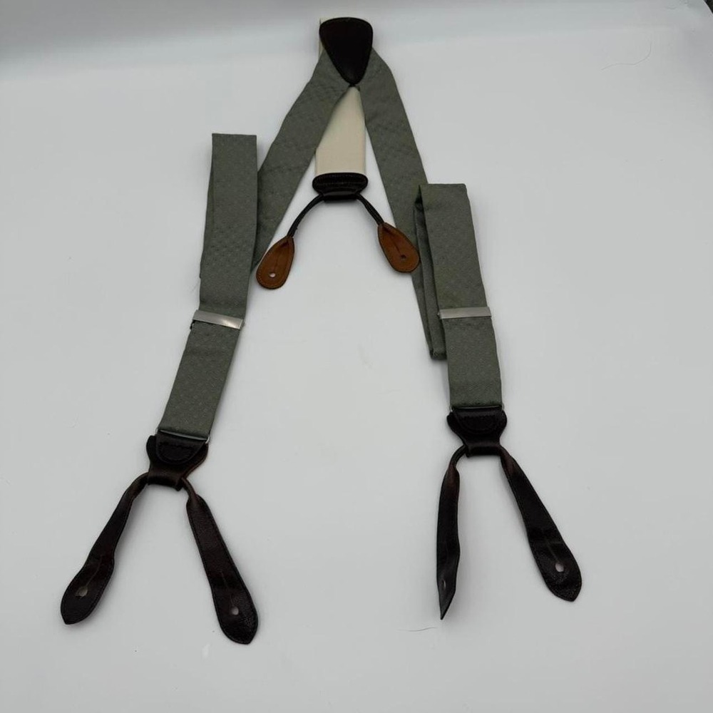 Vintage Trafalgar men's leather button suspenders sage green Y back USA